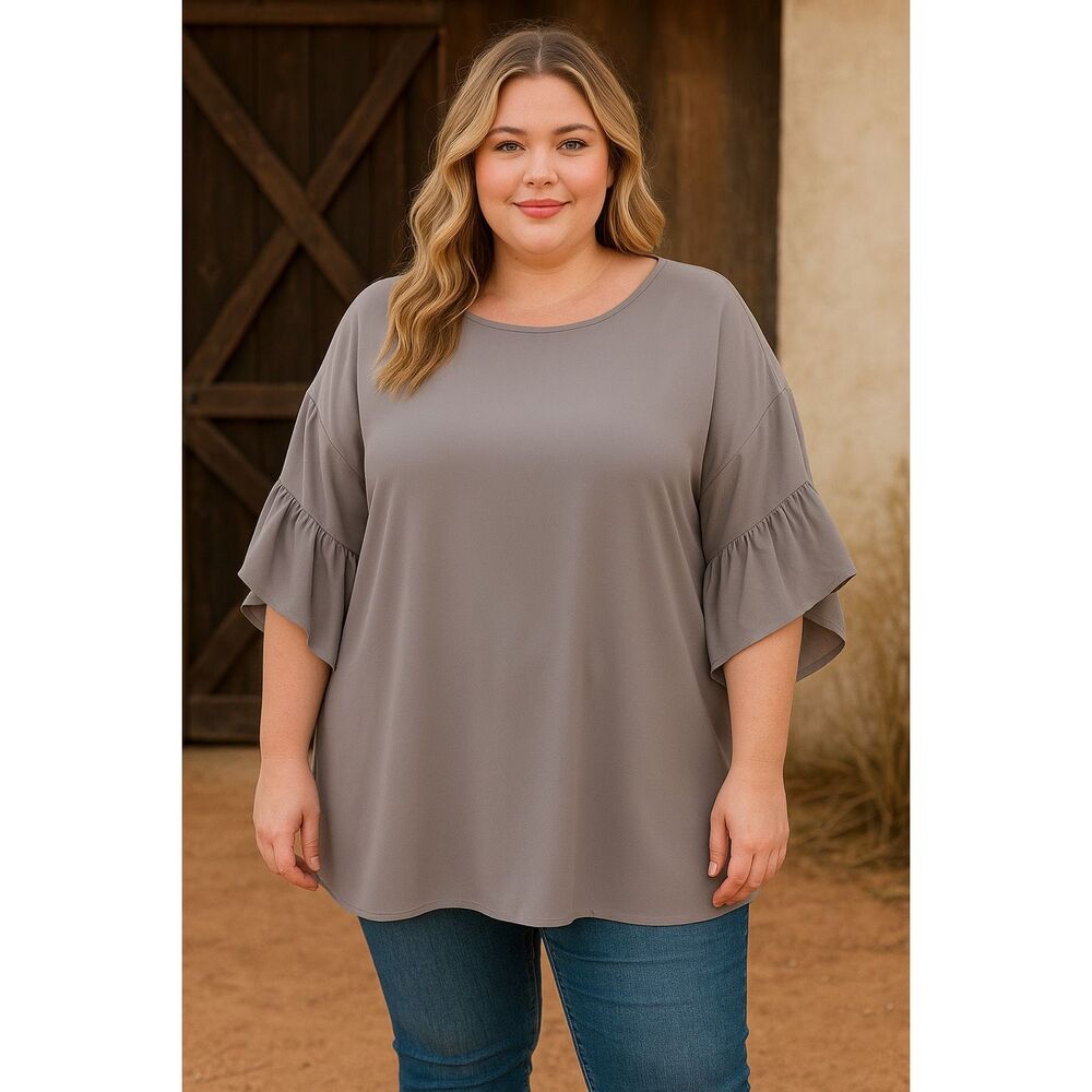 Umgee USA Plus Ruffle Sleeve Blouse Flowing Crepe Top Cool Grey Size 1X